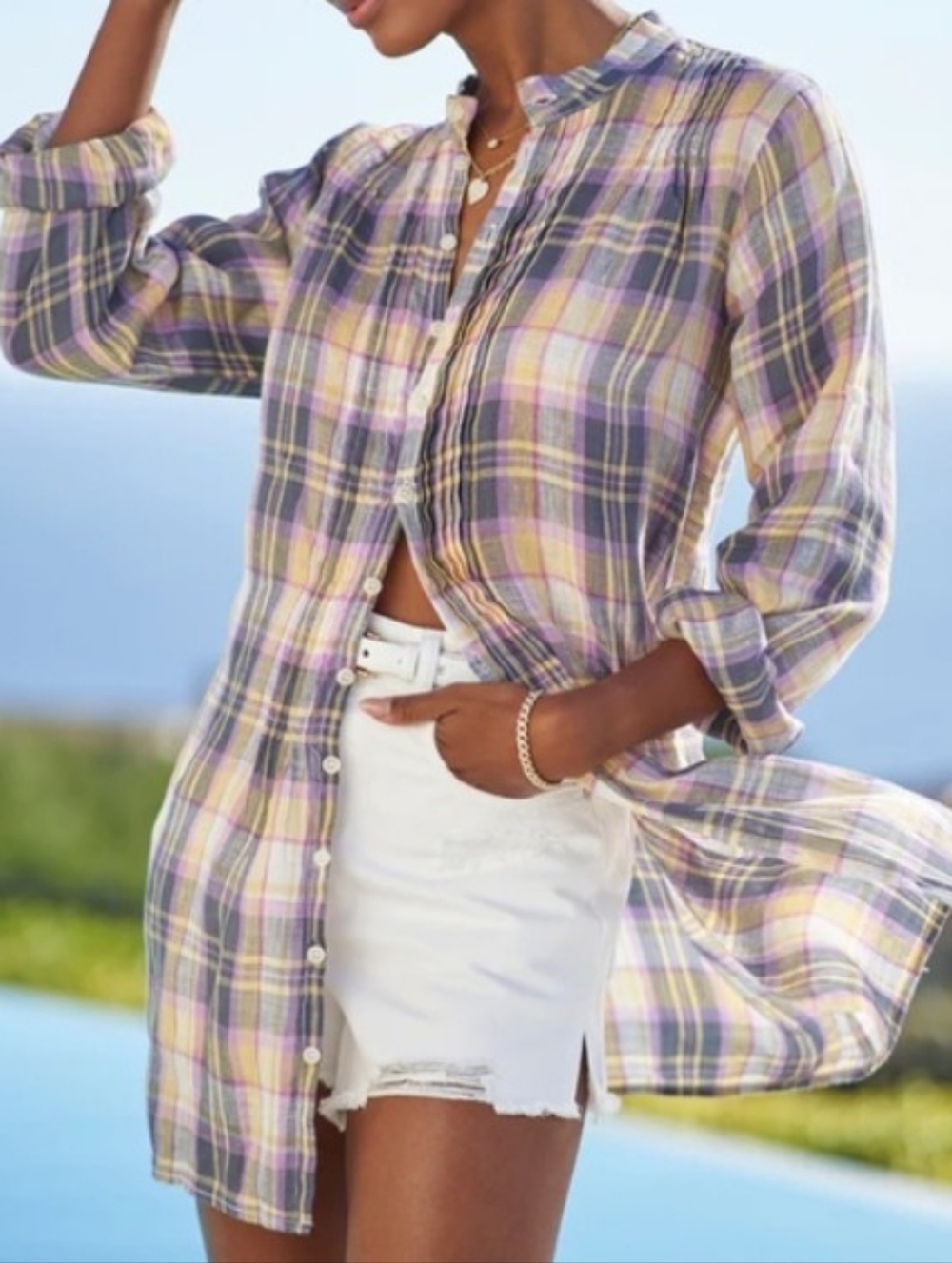 CP Shades Luxury Linen Plaid Top Lagenlook Boho Yacht Nantucket Brunch Beach XL